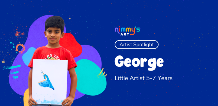 7-year-old young artist George holding a colorful painting, smiling with pride